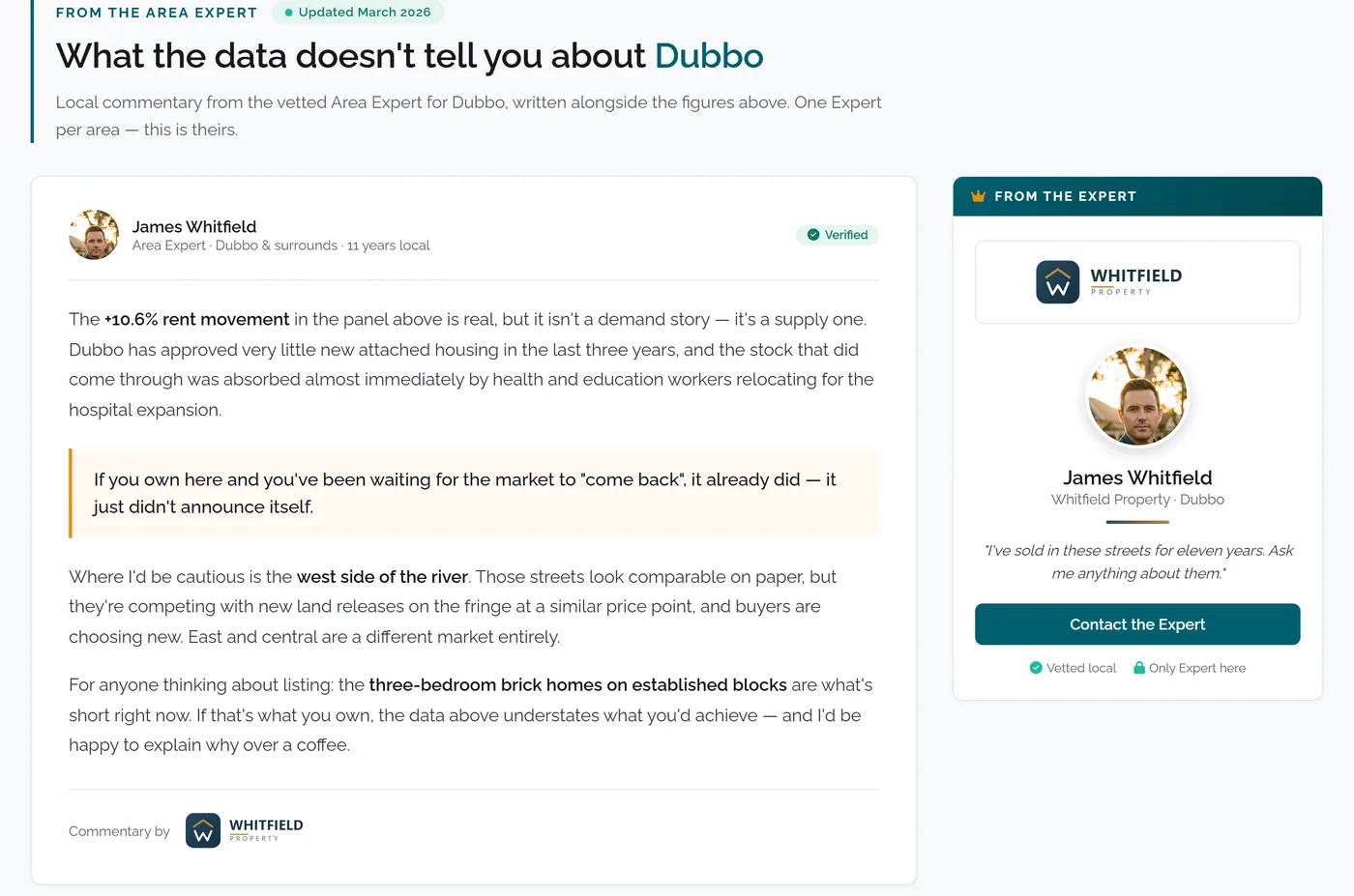 A 'From the Area Expert' commentary panel on a suburb page: the Expert's byline and verified badge, their read on the local market, and their logo