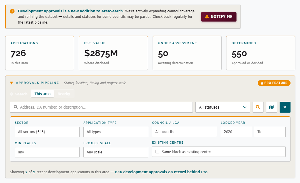 AreaSearch development application pipeline — filter by sector, status, council and project scale