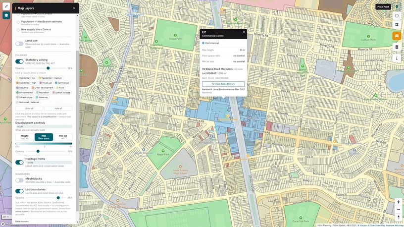 AreaSearch map showing statutory zoning, development controls and lot boundaries, with a lot's zoning code, height, floor space ratio and minimum lot size on click