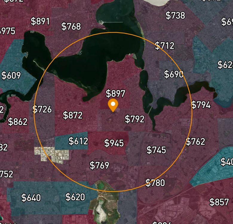 AreaSearch catchment map showing median weekly rent by suburb around an illustrative site, with a drive-time catchment ring