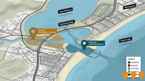 AI impression: Lake Illawarra Entrance Options Study, Environmental & Disaster Management
