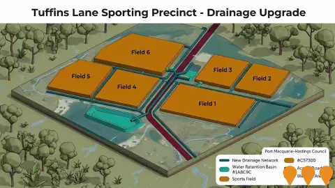 AI impression: Tuffins Lane Sporting Precinct Drainage, Sports & Recreation